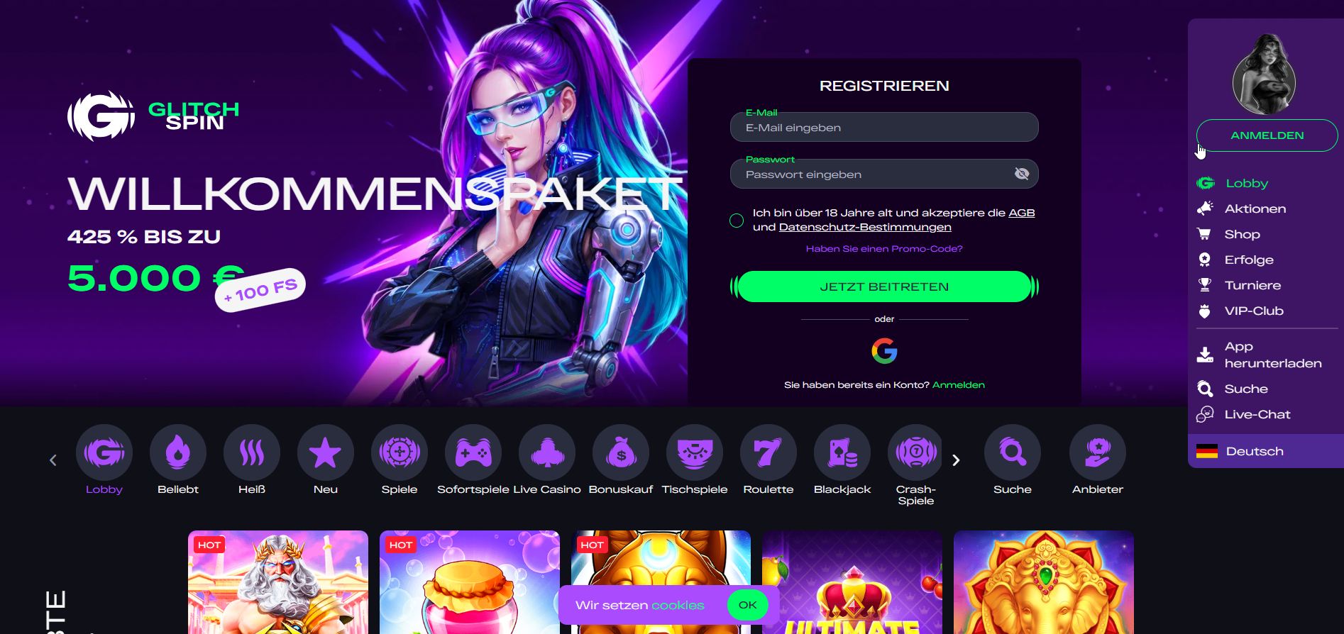 Eine verregnete Cyberpunk-Gasse im flackernden Neonlicht: Glitchspin inszeniert seine Homepage wie ein Hologramm in der Dunkelheit, wo digitale Glitches zu kunstvollen Gewinnkombinationen verschmelzen